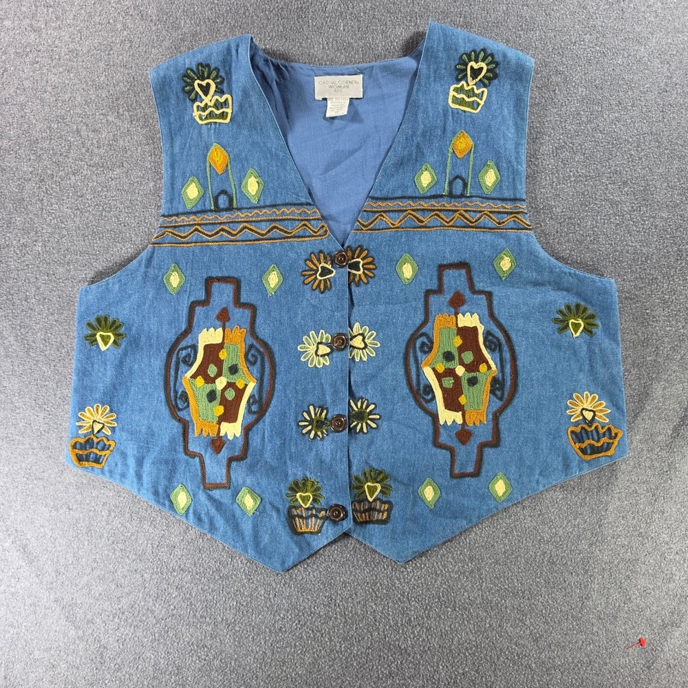 Vintage Casual Corner Woman Boho Embroidered Denim Vest 1X Cotton Teacher Core